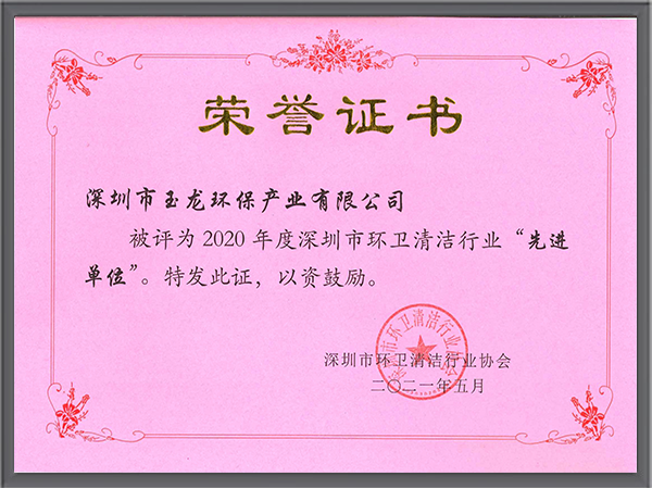 玉龍環保-深圳清協2020年度先進單位