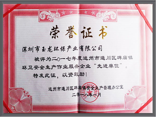 玉龍環保-四川達州市碑廟鎮安全生產先進單位